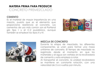 MATERIA PRIMA PARA PRODUCIR

CONCRETO PREMEZCLADO
CEMENTO

Es el material de mayor importancia en una
mezcla, puesto que es el elemento que
proporciona resistencia al concreto. Los
cementos de uso más común son el Portland
gris tipo I y el C-2 puzolánico, aunque
también se emplean los tipos II y IV.

MEZCLA DE CONCRETO

Durante la etapa de mezclado, los diferentes
componentes se unen para formar una masa
uniforme de concreto. El tiempo de mezclado es
registrado desde el momento en que los
materiales y el agua son vertidos en la revolvedora
de cemento y esta empieza a rotar.
Al transportar el concreto, la unidad revolvedora
se mantiene en constante rotación, con una
velocidad de 2 a 6 vueltas por minuto.

 
