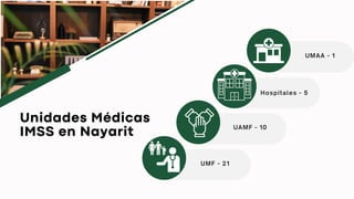 UMF - 21
UAMF - 10
Hospitales - 5
UMAA - 1
Unidades Médicas
IMSS en Nayarit
 