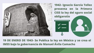 1942- Ignacio García Tellez
presenta en la Primera
CISS la ley del sguro social
obligarotio
19 DE ENERO DE 1943- Se Publica la ley en México y se crea el
IMSS bajo la gobernancia de Manuel Ávila Camacho
 