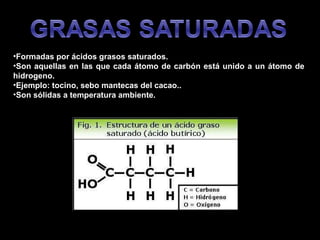 Formadas por ácidos grasos saturados. Son aquellas en las que cada átomo de carbón está unido a un átomo de hidrogeno.  Ejemplo: tocino, sebo mantecas del cacao.. Son sólidas a temperatura ambiente. 
