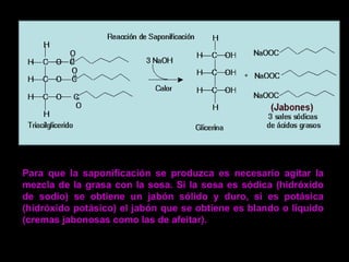 Para que la saponificación se produzca es necesario agitar la mezcla de la grasa con la sosa. Si la sosa es sódica (hidróxido de sodio) se obtiene un jabón sólido y duro, si es potásica (hidróxido potásico) el jabón que se obtiene es blando o líquido (cremas jabonosas como las de afeitar).  