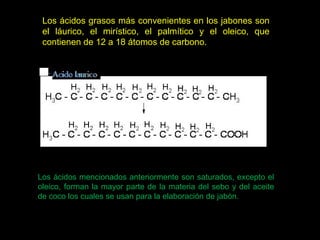 Los ácidos grasos más convenientes en los jabones son el láurico, el mirístico, el palmítico y el oleico, que contienen de 12 a 18 átomos de carbono. Los ácidos mencionados anteriormente son saturados, excepto el oleico, forman la mayor parte de la materia del sebo y del aceite de coco los cuales se usan para la elaboración de jabón.  