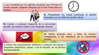 I. Las cometidas por los agentes escolares que infringen el
horario escolar, llegando después de la hora límite para su
ingreso.
II. Presentarse sin causa justificada al plantel
educativo, sin el uniforme escolar oficial
III. Insultar a cualquier integrante de la comunidad
escolar, de manera verbal o con lenguaje corporal.
IV. Utilizar lenguaje soez, y tratar de manera
irrespetuosa a los miembros de la comunidad
escolar.
V. Utilizar las computadoras, teléfonos y cualquier otro equipo o
dispositivo electrónico, propio, o de la escuela, sin el permiso
correspondiente.
 