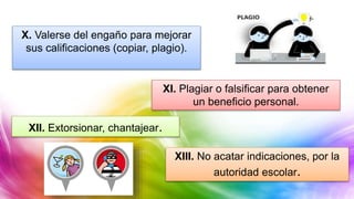X. Valerse del engaño para mejorar
sus calificaciones (copiar, plagio).
XI. Plagiar o falsificar para obtener
un beneficio personal.
XII. Extorsionar, chantajear.
XIII. No acatar indicaciones, por la
autoridad escolar.
 