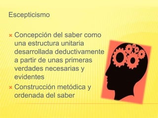 Escepticismo

 Concepción del saber como
  una estructura unitaria
  desarrollada deductivamente
  a partir de unas primeras
  verdades necesarias y
  evidentes
 Construcción metódica y
  ordenada del saber
 