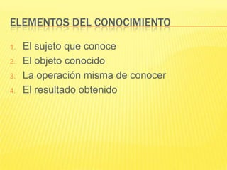 ELEMENTOS DEL CONOCIMIENTO

1.   El sujeto que conoce
2.   El objeto conocido
3.   La operación misma de conocer
4.   El resultado obtenido
 