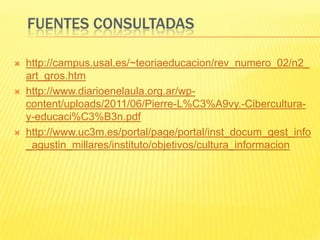 FUENTES CONSULTADAS

   http://campus.usal.es/~teoriaeducacion/rev_numero_02/n2_
    art_gros.htm
   http://www.diarioenelaula.org.ar/wp-
    content/uploads/2011/06/Pierre-L%C3%A9vy.-Cibercultura-
    y-educaci%C3%B3n.pdf
   http://www.uc3m.es/portal/page/portal/inst_docum_gest_info
    _agustin_millares/instituto/objetivos/cultura_informacion
 