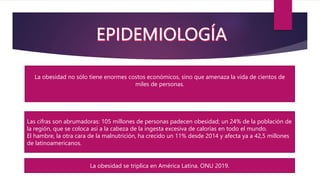 La obesidad no sólo tiene enormes costos económicos, sino que amenaza la vida de cientos de
miles de personas.
Las cifras son abrumadoras: 105 millones de personas padecen obesidad; un 24% de la población de
la región, que se coloca así a la cabeza de la ingesta excesiva de calorías en todo el mundo.
El hambre, la otra cara de la malnutrición, ha crecido un 11% desde 2014 y afecta ya a 42,5 millones
de latinoamericanos.
La obesidad se triplica en América Latina. ONU 2019.
 