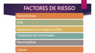Dislipidemias
HTA
Resistencia a la insulina y DM2
Trastornos de hormonales
Neumopatías
Cáncer
 
