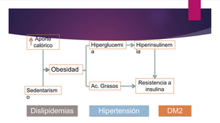 Sedentarism
o
Aporte
calórico
Obesidad
Hiperglucemi
a
Hiperinsulinem
ia
Ac. Grasos
Resistencia a
insulina
DM2
Hipertensión
Dislipidemias
 