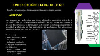 CONFIGURACIÓN GENERAL DEL POZO
Los antepozo en perforación son pozos adicionales construidos antes de la
perforación principal para evitar la contaminación del agua subterránea durante el
proceso de perforación. Su construcción y diseño son esenciales para garantizar la
seguridad y eficiencia de las operaciones de perforación. Sus dimensiones
aproximadamente son (2,5 x 2,5 x 2,5)m^3
Donde se aloja:
• Brida de anclaje o grapa
de acople
• Cabezal de entubación
En equipos de perforación
mas pequeños:
• Parte inferior del
conjunto de preventores
de reventón BOP’s
ANTEPOZO
Se refiere a la estructura física y características generales de un pozo.
 