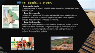 CATEGORÍAS DE POZOS:
• Pozo exploratorio:
Es aquel pozo que se perfora en zonas donde no se había encontrados antes
petróleo ni gas.
• Pozo de avanzada:
Después de la perforación de un pozo exploratorio en un área inexplorada
que resulta productor, se perforan los pozos de avanza con el objetivo
principal de establecer los limites del yacimiento.
• Pozo de desarrollo:
Son aquellos pozos perforados con la finalidad de explotar, extraer y drenar
las reservas de un yacimiento .El objetivo principal al perforar un pozo de
desarrollo es aumentar la producción del campo, razón por la cual se
perforan dentro del área probada
 
