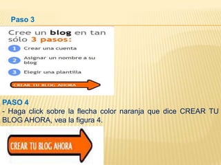 Paso 3




PASO 4
- Haga click sobre la flecha color naranja que dice CREAR TU
BLOG AHORA, vea la figura 4.
 