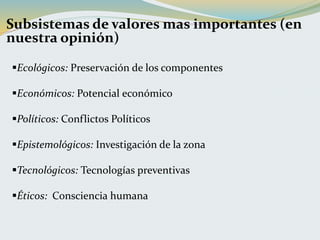 Subsistemas de valores mas importantes (en
nuestra opinión)
Ecológicos: Preservación de los componentes
Económicos: Potencial económico
Políticos: Conflictos Políticos
Epistemológicos: Investigación de la zona
Tecnológicos: Tecnologías preventivas
Éticos: Consciencia humana
 