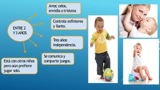 ENTRE 2
Y3AÑOS
Está con otros niños
peroaún prefiere
jugar solo.
T
res años:
independencia.
Controla esfínteres
y llanto.
Amor
, celos,
envidia otristeza
Secomunicay
comparte juegos.
 