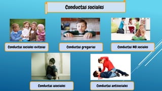 Conductas sociales
Conductas sociales exitosas Conductas gregarias Conductas NO sociales
Conductas asociales Conductas antisociales
 