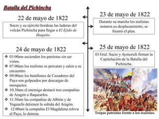 Batalla del Pichincha
22 de mayo de 1822
Sucre y su ejército bordean las laderas del
volcán Pichincha para llegar a El Ejido de
Iñaquito.
23 de mayo de 1822
Durante su marcha los realistas
notaron su desplazamiento, se
frustró el plan.
24 de mayo de 1822
 03:00am ascienden los patriotas sin ser
vistos.
 07:00am los realistas se percatan y salen a su
encuentro.
 09:00am los batallones de Cazadores del
Paya son golpeados por descargas de
mosquetes.
 10:30am el enemigo destacó tres compañías
de Aragón a flaquearlos.
 11:30am las compañías de Albión y de
Yaguachi detienen la subida del Aragón.
 12:00am la compañía El Magdalena releva
al Paya, lo derrota.
25 de mayo de 1822
El Gral. Sucre y Aymerich firman la
Capitulación de la Batalla del
Pichincha.
Tropas patriotas frente a los realistas.
 