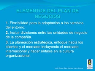Las 7 claves de un buen plan1. Descripción del negocio2. Estrategias de mercado3. Análisis competitivo4. Plan de desarrollo a corto, mediano y largo plazo5. Plan administrativo y de operaciones6. Factores financieros7. Resumen ejecutivoGermán Sánchez, artículo Entrepreneur Mexico; apr2009, Vol. 17Liceth Moreno, Diana Restrepo, Liliana Sánchez
