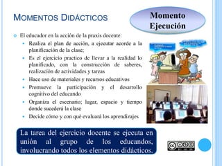  El educador en la acción de la praxis docente:
 Realiza el plan de acción, a ejecutar acorde a la
planificación de la clase;
 Es el ejercicio practico de llevar a la realidad lo
planificado, con la construcción de saberes,
realización de actividades y tareas
 Hace uso de materiales y recursos educativos
 Promueve la participación y el desarrollo
cognitivo del educando
 Organiza el escenario; lugar, espacio y tiempo
donde sucederá la clase
 Decide cómo y con qué evaluará los aprendizajes
La tarea del ejercicio docente se ejecuta en
unión al grupo de los educandos,
involucrando todos los elementos didácticos.
MOMENTOS DIDÁCTICOS Momento
Ejecución
 