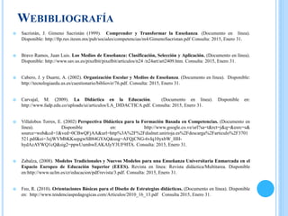 WEBIBLIOGRAFÍA
 Sacristán, J. Gimeno Sacristán (1999). Comprender y Transformar la Enseñanza. (Documento en línea).
Disponible: http://ftp.ruv.itesm.mx/pub/sociales/competencias/m4/GimenoSacristan.pdf Consulta: 2015, Enero 31.
 Bravo Ramos, Juan Luis. Los Medios de Enseñanza: Clasificación, Selección y Aplicación. (Documento en línea).
Disponible: http://www.sav.us.es/pixelbit/pixelbit/articulos/n24 /n24art/art2409.htm. Consulta: 2015, Enero 31.
 Cabero, J. y Duarte, A. (2002). Organización Escolar y Medios de Enseñanza. (Documento en línea). Disponible:
http://tecnologiaedu.us.es/cuestionario/bibliovir/76.pdf. Consulta: 2015, Enero 31.
 Carvajal, M. (2009). La Didáctica en la Educación. (Documento en línea). Disponible en:
http://www.fadp.edu.co/uploads/ui/articulos/LA_DIDACTICA.pdf. Consulta: 2015, Enero 31.
 Villalobos Torres, E. (2002) Perspectiva Didáctica para la Formación Basada en Competencias. (Documento en
línea). Disponible en: http://www.google.co.ve/url?sa=t&rct=j&q=&esrc=s&
source=web&cd=1&ved=0CBwQFjAA&url=http%3A%2F%2Fdialnet.unirioja.es%2Fdescarga%2Farticulo%2F3701
521.pdf&ei=3ejWVMbKKsepgwSB84GYAQ&usg=AFQjCNG-6vIq10yxbW_HH-
hydAzAYWQ1cQ&sig2=ppwUumhwEAKAIyY3UF9ITA. Consulta: 2015, Enero 31.
 Zabalza, (2008). Modelos Tradicionales y Nuevos Modelos para una Enseñanza Universitaria Enmarcada en el
Espacio Europeo de Educación Superior (EEES). Revista en línea: Revista didáctica/Multitarea. Disponible
en:http://www.uclm.es/cr/educacion/pdf/revista/3.pdf. Consulta: 2015, Enero 31.
 Feo, R. (2010). Orientaciones Básicas para el Diseño de Estrategias didácticas. (Documento en línea). Disponible
en: http://www.tendenciaspedagogicas.com/Articulos/2010_16_13.pdf Consulta 2015, Enero 31.
 