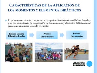 CARACTERÍSTICAS DE LA APLICACIÓN DE
LOS MOMENTOS Y ELEMENTOS DIDÁCTICOS
 El proceso docente esta compuesto de tres partes (formador-desarrollador-educador),
y se ejecutan a través de la aplicación de los momentos y elementos didácticos en el
proceso de enseñanza teniendo en cuenta:
Proceso Docente
Educativo Escolar
Proceso
Extra-docente
Proceso
Extra-escolar
 
