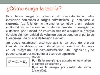 ¿Cómo surge la teoría?
Esta teoría surgió al observar el comportamiento delos
materiales sometidos a cargas hidrostáticas y establece lo
siguiente: “La falla de un elemento sometido a un estado
multiaxial de esfuerzos se producirá cuando la energía de
distorsión por unidad de volumen alcance o supere la energía
de distorsión por unidad de volumen que se tiene en el punto de
fluencia en una prueba de tensión simple”.
Se puede establecer entonces que la cantidad de energía
invertida en deformar un material es el área bajo la curva
en el diagrama esfuerzo-deformación de ingeniería y se
puede calcular por medio de la ecuación siguiente:
Donde:
𝑼 𝒗= Es la energía que absorbe el material en
el cambio de volumen y
𝑼 𝒅 = es la energía por cambio de forma
(distorsión).
 