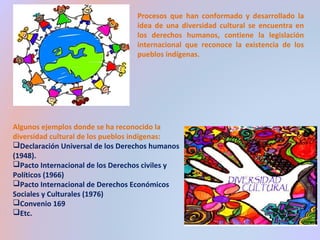Procesos que han conformado y desarrollado la 
idea de una diversidad cultural se encuentra en 
los derechos humanos, contiene la legislación 
internacional que reconoce la existencia de los 
pueblos indígenas. 
Algunos ejemplos donde se ha reconocido la 
diversidad cultural de los pueblos indígenas: 
Declaración Universal de los Derechos humanos 
(1948). 
Pacto Internacional de los Derechos civiles y 
Políticos (1966) 
Pacto Internacional de Derechos Económicos 
Sociales y Culturales (1976) 
Convenio 169 
Etc. 
 