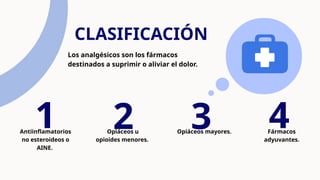 1
Antiinflamatorios
no esteroideos o
AINE.
2 3 4
CLASIFICACIÓN
Opiáceos u
opioides menores.
Opiáceos mayores. Fármacos
adyuvantes.
Los analgésicos son los fármacos
destinados a suprimir o aliviar el dolor.
 
