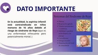 En la actualidad, la aspirina infantil
está contraindicada en niños
menores de 16 años debido al
riesgo de síndrome de Reye (que es
una enfermedad infrecuente pero
potencialmente mortal. )
DATO IMPORTANTE
 