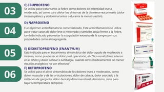 03 Se utiliza para tratar tanto la fiebre como dolores de intensidad leve a
moderada, así como para aliviar los síntomas de la dismenorrea primaria (dolor
intenso pélvico y abdominal antes o durante la menstruación).
C) IBUPROFENO
04
D) NAPROXENO
Fue el primer antiinflamatorio comercializado, Este antiinflamatorio se utiliza
para tratar casos de dolor leve o moderado y también actúa frente a la fiebre,
también indicado para evitar la coagulación excesiva de la sangre por sus
propiedades como antiagregante.
05 Está indicado para el tratamiento sintomático del dolor agudo de moderado a
intenso, como puede ser el dolor post operatorio, el cólico renal (dolor intenso
en el riñón) y dolor lumbar o lumbalgia, cuando otros medicamentos de menor
escalón analgésico no son efectivos”
E) DEXKETOPROFENO (ENANTYUM)
06
F) KETOPROFENO
Se utiliza para el alivio sintomático de los dolores leves a moderados, como
dolor muscular y de las articulaciones, dolor de cabeza, dolor asociado a la
irritación de garganta, dolor dental y dolormenstrual. Asimismo, sirve para
bajar la temperatura temporal.
 