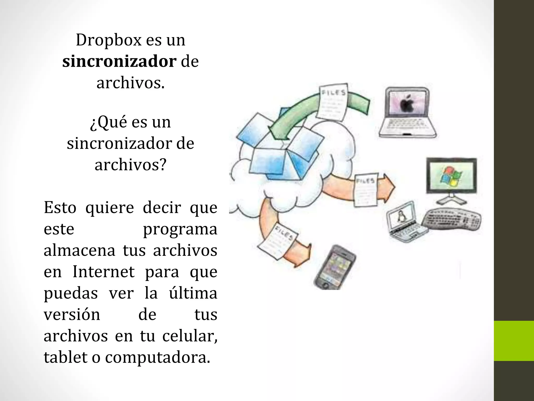Dropbox es un
sincronizador de
archivos.
¿Qué es un
sincronizador de
archivos?
Esto quiere decir que
este programa
almacena tus archivos
en Internet para que
puedas ver la última
versión de tus
archivos en tu celular,
tablet o computadora.
 