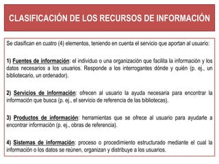 CLASIFICACIÓN DE LOS RECURSOS DE INFORMACIÓN 
Se clasifican en cuatro (4) elementos, teniendo en cuenta el servicio que aportan al usuario: 
1) Fuentes de información: el individuo o una organización que facilita la información y los 
datos necesarios a los usuarios. Responde a los interrogantes dónde y quién (p. ej., un 
bibliotecario, un ordenador). 
2) Servicios de información: ofrecen al usuario la ayuda necesaria para encontrar la 
información que busca (p. ej., el servicio de referencia de las bibliotecas). 
3) Productos de información: herramientas que se ofrece al usuario para ayudarle a 
encontrar información (p. ej., obras de referencia). 
4) Sistemas de información: proceso o procedimiento estructurado mediante el cual la 
información o los datos se reúnen, organizan y distribuye a los usuarios. 
 