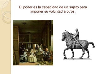 Existen muchas clases de poder y distintas clasificaciones según el autor. Nosotros hemos partido de las siguientes preguntas:¿Cómo y por qué las imágenes mantienen el poder?Antes de llegar a esta pregunta nos surgieron otras muchas como:¿Qué es el poder para nosotros? ¿Para qué lo queremos? ¿Quién lo mantiene? ¿Qué sentimientos se utilizan para mantener el poder?¿Pueden cambiar las imágenes la moral, la ética y las creencias de las personas? ¿El poder ha dependido del físico? ¿O depende del sexo?…