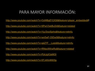 PARA MAYOR INFORMACIÓN:
http://www.youtube.com/watch?v=OzMBgEYj3G8&feature=player_embedded#!

http://www.youtube.com/watch?v=9PwV3xkBuS4&feature=related

http://www.youtube.com/watch?v=Yg-DooSjehs&feature=relmfu

http://www.youtube.com/watch?v=wn5wF-OtDw0&feature=relmfu

http://www.youtube.com/watch?v=qkZ7F__Lzek&feature=relmfu

http://www.youtube.com/watch?v=RNecIlWiwRo&feature=related

http://www.youtube.com/watch?v=Pj4JgX3aMOI

http://www.youtube.com/watch?v=9TJ4Xr4KK5g

                                                                  91
 