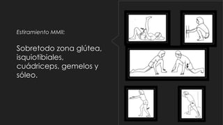 Estiramiento MMII:

Sobretodo zona glútea,
isquiotibiales,
cuádriceps, gemelos y
sóleo.

 