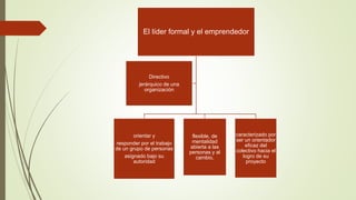 El líder formal y el emprendedor
orientar y
responder por el trabajo
de un grupo de personas
asignado bajo su
autoridad
flexible, de
mentalidad
abierta a las
personas y al
cambio,
caracterizado por
ser un orientador
eficaz del
colectivo hacia el
logro de su
proyecto
Directivo
jerárquico de una
organización
 