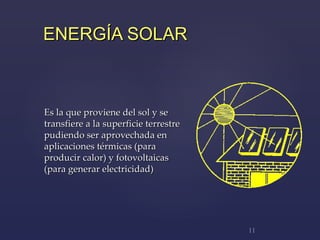 ENERGÍA SOLAR Es la que proviene del sol y se transfiere a la superficie terrestre pudiendo ser aprovechada en aplicaciones térmicas (para producir calor) y fotovoltaicas (para generar electricidad) 