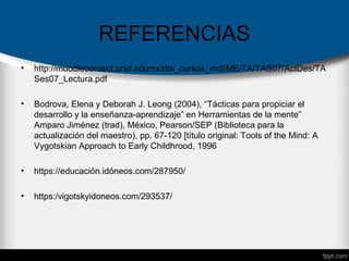 REFERENCIAS
• http://moodlecontent.unid.edumx/dts_cursos_mdl/ME/TA/TAS07/ActDes/TA
Ses07_Lectura.pdf
• Bodrova, Elena y Deborah J. Leong (2004), “Tácticas para propiciar el
desarrollo y la enseñanza-aprendizaje” en Herramientas de la mente”
Amparo Jiménez (trad), México, Pearson/SEP (Biblioteca para la
actualización del maestro), pp. 67-120 [título original: Tools of the Mind: A
Vygotskian Approach to Early Childhrood, 1996
• https://educación.idóneos.com/287950/
• https:/vigotskyidoneos.com/293537/
 