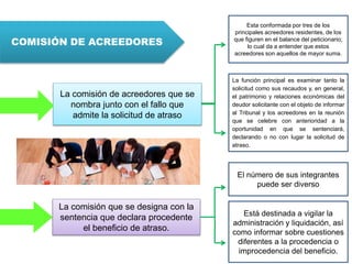 COMISIÓN DE ACREEDORES
La comisión de acreedores que se
nombra junto con el fallo que
admite la solicitud de atraso
La comisión que se designa con la
sentencia que declara procedente
el beneficio de atraso.
Esta conformada por tres de los
principales acreedores residentes, de los
que figuren en el balance del peticionario;
lo cual da a entender que estos
acreedores son aquellos de mayor suma.
La función principal es examinar tanto la
solicitud como sus recaudos y, en general,
el patrimonio y relaciones económicas del
deudor solicitante con el objeto de informar
al Tribunal y los acreedores en la reunión
que se celebre con anterioridad a la
oportunidad en que se sentenciará,
declarando o no con lugar la solicitud de
atraso.
El número de sus integrantes
puede ser diverso
Está destinada a vigilar la
administración y liquidación, así
como informar sobre cuestiones
diferentes a la procedencia o
improcedencia del beneficio.
 
