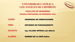 UNIVERSIDAD CATÓLICA
LOS ÁNGELES DE CHIMBOTE
FACULTAD DE INGENIERIA
ESCUELA PROFESIONAL DE INGENIERÍA CIVIL
CURSO : INGENIERIA DE CIMENTACIONES
TEMA : ESFUERZO DE PUNZONAMIENTO
DOCENTE : Ing. VILLENA ORTEGA Luis Alberto
ALUMNO : ROMERO DE LA CRUZ Dalton
 