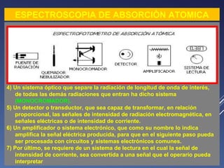 ESPECTROSCOPIA DE ABSORCIÒN ATOMICA

4) Un sistema óptico que separe la radiación de longitud de onda de interés,
de todas las demás radiaciones que entran ha dicho sistema
(MONOCROMADOR).
5) Un detector o transductor, que sea capaz de transformar, en relación
proporcional, las señales de intensidad de radiación electromagnética, en
señales eléctricas o de intensidad de corriente.
6) Un amplificador o sistema electrónico, que como su nombre lo indica
amplifica la señal eléctrica producida, para que en el siguiente paso pueda
ser procesada con circuitos y sistemas electrónicos comunes.
7) Por último, se requiere de un sistema de lectura en el cual la señal de
intensidad de corriente, sea convertida a una señal que el operario pueda
interpretar

 