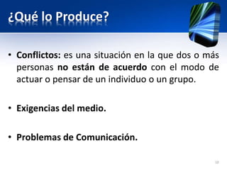 ¿Qué lo Produce?
• Conflictos: es una situación en la que dos o más
personas no están de acuerdo con el modo de
actuar o pensar de un individuo o un grupo.
• Exigencias del medio.
• Problemas de Comunicación.
10
 