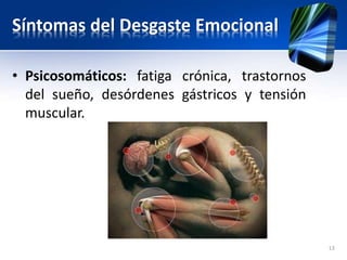 Síntomas del Desgaste Emocional
• Psicosomáticos: fatiga crónica, trastornos
del sueño, desórdenes gástricos y tensión
muscular.
13
 