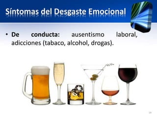 Síntomas del Desgaste Emocional
• De conducta: ausentismo laboral,
adicciones (tabaco, alcohol, drogas).
14
 