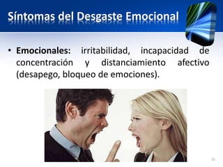 Síntomas del Desgaste Emocional
• Emocionales: irritabilidad, incapacidad de
concentración y distanciamiento afectivo
(desapego, bloqueo de emociones).
15
 