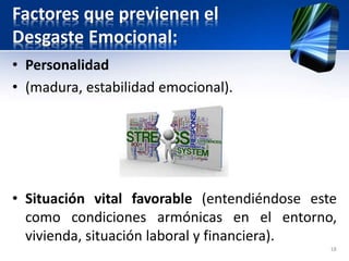 Factores que previenen el
Desgaste Emocional:
• Personalidad
• (madura, estabilidad emocional).
• Situación vital favorable (entendiéndose este
como condiciones armónicas en el entorno,
vivienda, situación laboral y financiera).
18
 