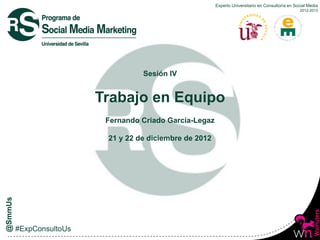 Experto Universitario en Consultoría en Social Media
                                                                          2012-2013




          Sesión IV


Trabajo en Equipo
 Fernando Criado García-Legaz

 21 y 22 de diciembre de 2012
 