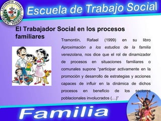Tramontín, Rafael (1999) en su libro  Aproximación a los estudios de la familia venezolana,  nos dice que el rol de dinamizador de procesos en situaciones familiares o comunales supone “participar activamente en la promoción y desarrollo de estrategias y acciones capaces de influir en la dinámica de dichos procesos en beneficio de los sectores poblacionales involucrados (…)” El Trabajador Social en los procesos familiares 