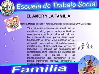 EL AMOR Y LA FAMILIA “ Que el amor universal es aquel que se manifiesta al grupo a la humanidad, al colectivo, a la sociedad, al mundo, al país. La vivencia de una pareja tiene como fundamento el amor y se expresa en su dimensión universal en el ámbito social; mientras que el amor exclusivo, construye romance  e impulsa las decisiones de compromiso entre parejas. La vivencia de la pareja se expresa en las manifestaciones que conciernen a su propia experiencia afectiva, emocional y situacional(…)” Barrera, Marcos en su libro familias, modelos y perspectiva (2008), nos dice:  