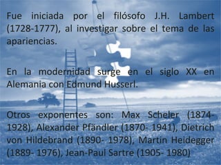 Fue iniciada por el filósofo J.H. Lambert (1728-1777), al investigar sobre el tema de las apariencias. En la modernidad surge en el siglo XX en Alemania con Edmund Husserl. Otros exponentes son: Max Scheler (1874- 1928), Alexander Pfändler (1870- 1941), Dietrich von Hildebrand (1890- 1978), Martin Heidegger (1889- 1976), Jean-Paul Sartre (1905- 1980) 